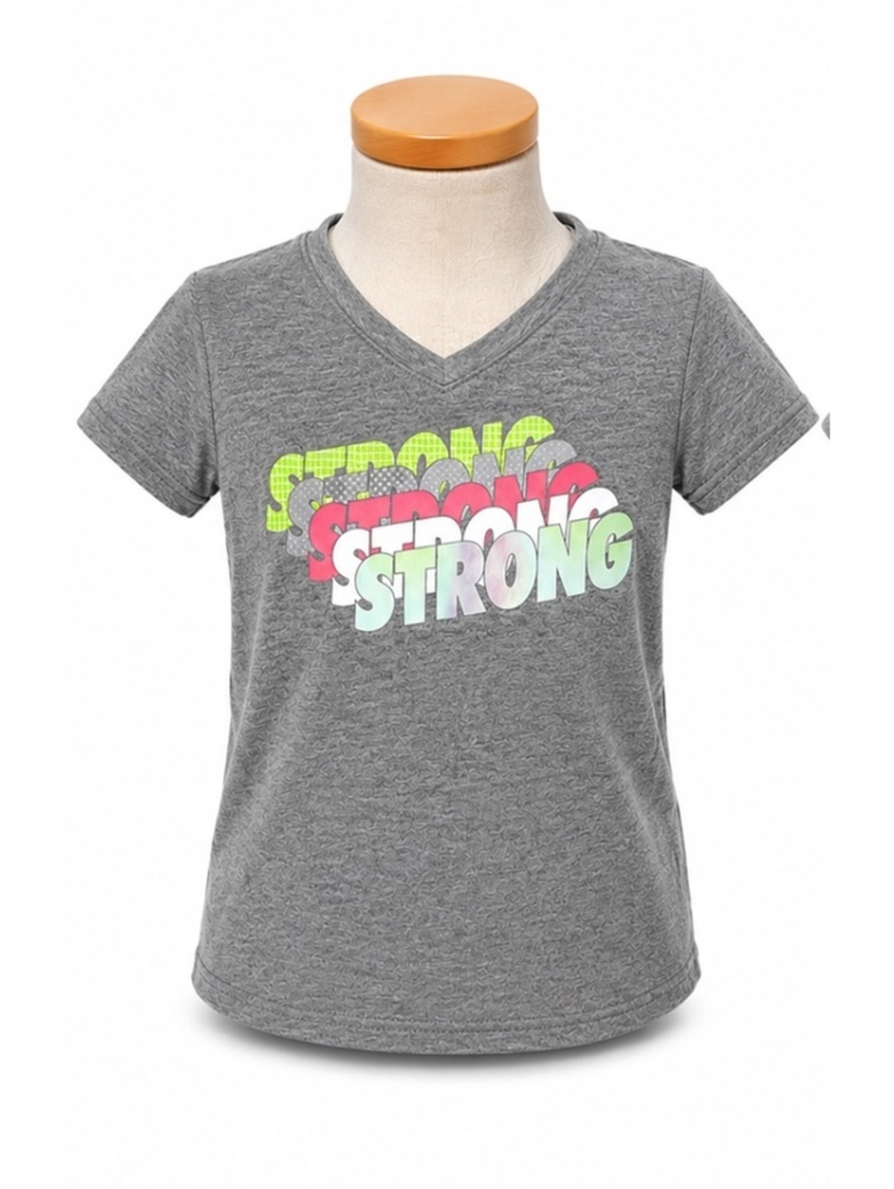 Xersion Girls' Medium Gray Strong Graphic V-Neck T-Shirt, Size 10/12, Cotton-Pol